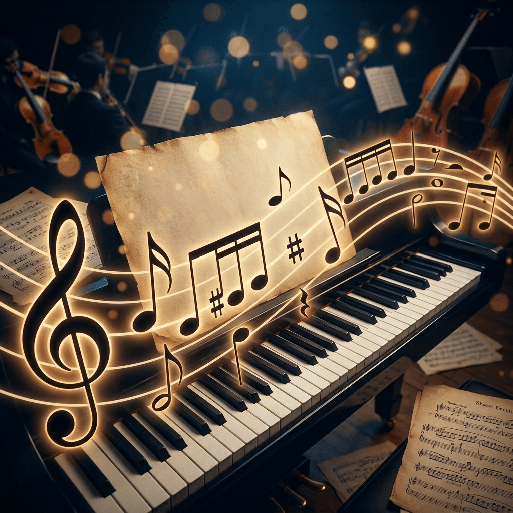 Glowing treble clef and musical notes with blurred classical instruments in background